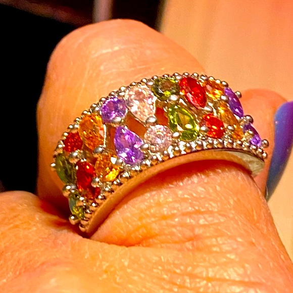 Stunning sterling silver 925 ring,filigree band,multicolored sparkling crystals - Picture 2 of 13